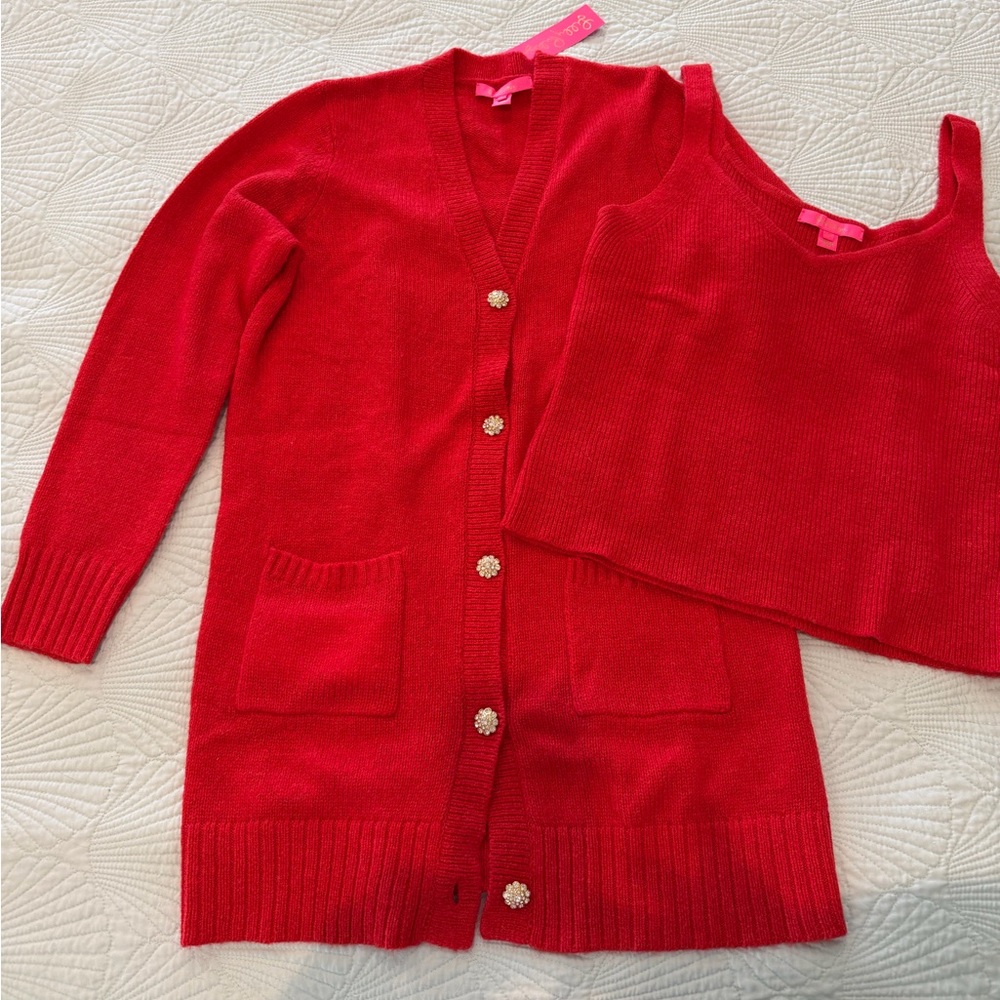 Lilly Pulitzer Leonette Amaryllis Red Cardigan and Tank Set L, NWT